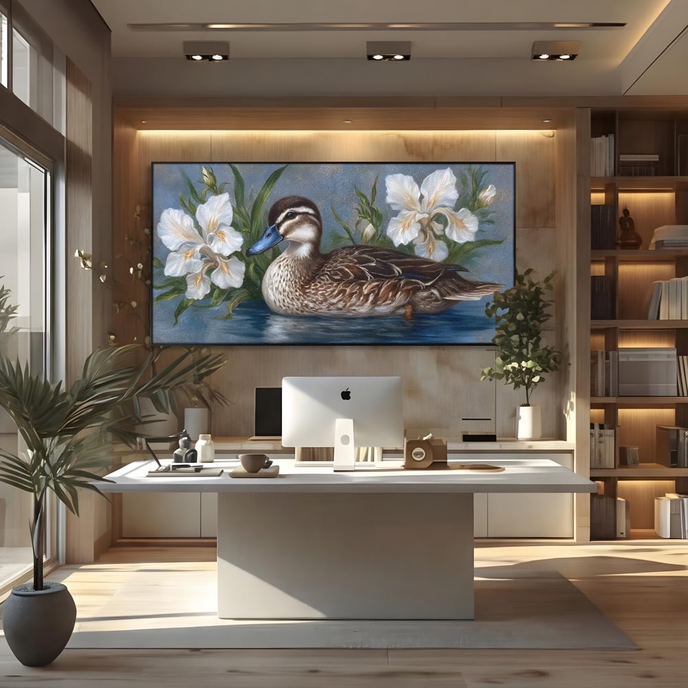 Tablou canvas cu tablou canvas cu rata si crini albi, in rama de aluminiu negru, pe perete intr-un birou